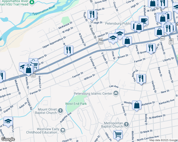 map of restaurants, bars, coffee shops, grocery stores, and more near 932 Farmer Street in Petersburg