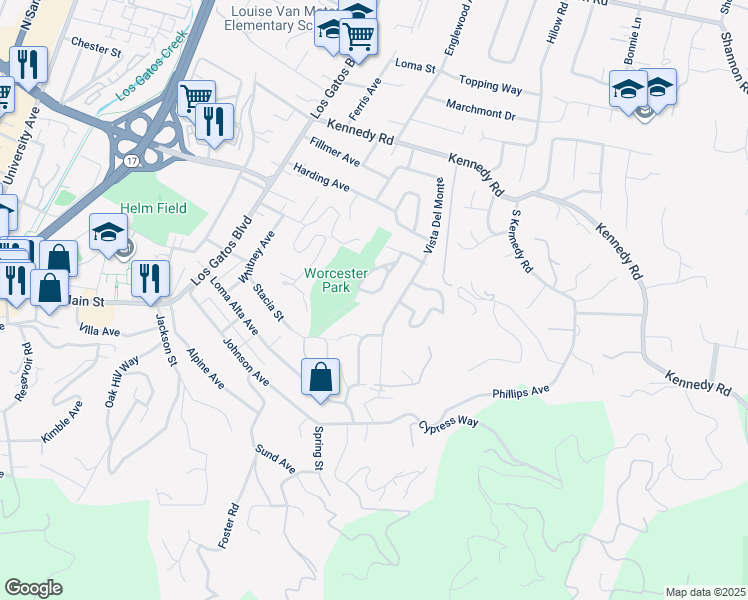 map of restaurants, bars, coffee shops, grocery stores, and more near 129 Worcester Loop in Los Gatos