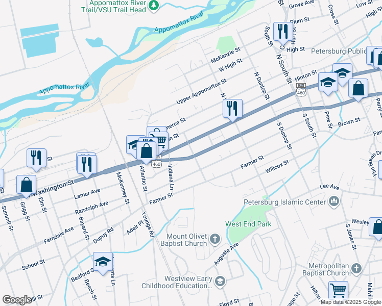 map of restaurants, bars, coffee shops, grocery stores, and more near 22 South Chappell Street in Petersburg