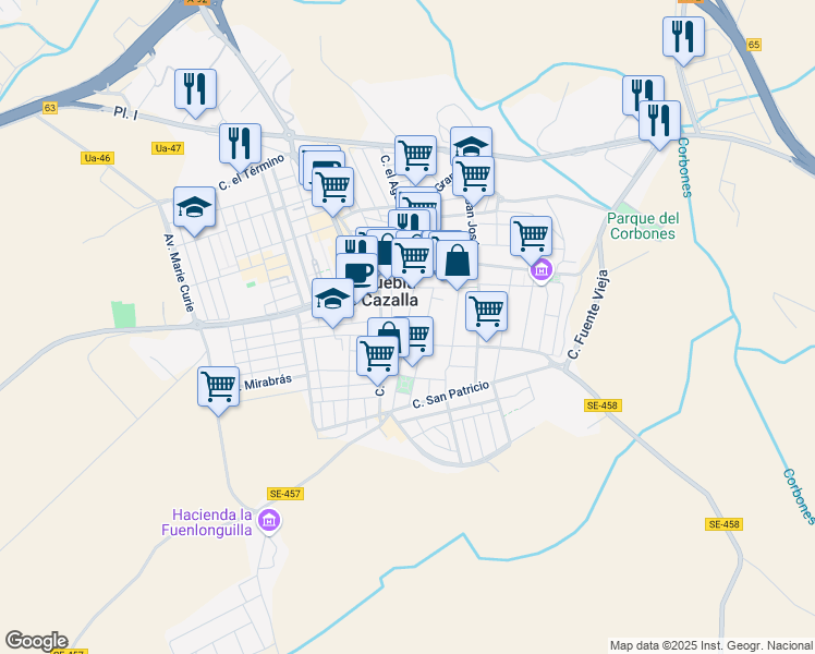 map of restaurants, bars, coffee shops, grocery stores, and more near 39 Calle la Luna in La Puebla de Cazalla
