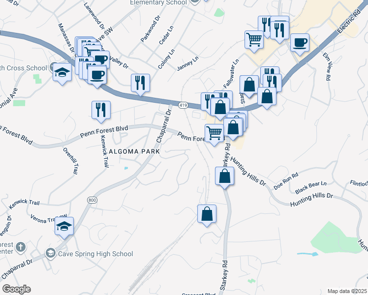 map of restaurants, bars, coffee shops, grocery stores, and more near 3418 Stonehenge Square in Cave Spring