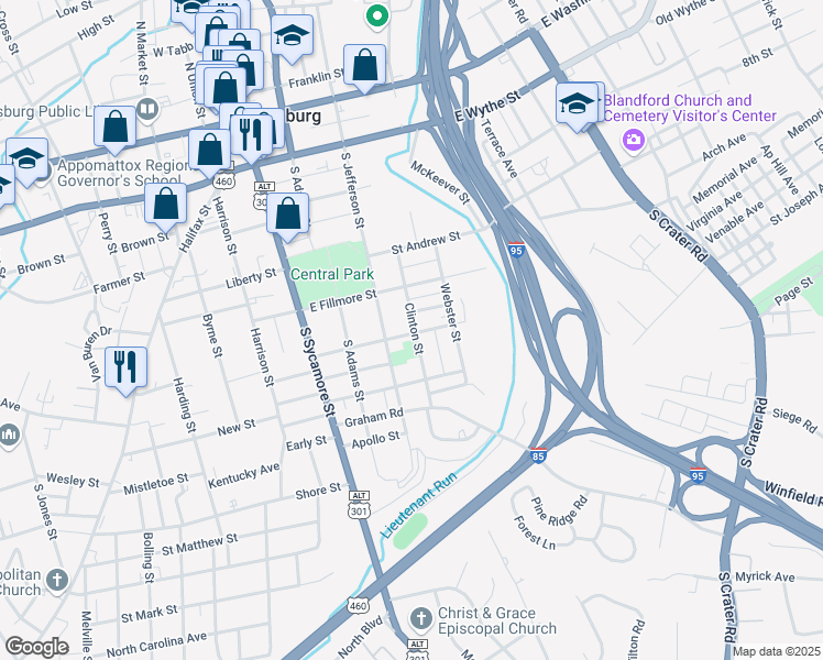 map of restaurants, bars, coffee shops, grocery stores, and more near 440 Clinton Street in Petersburg