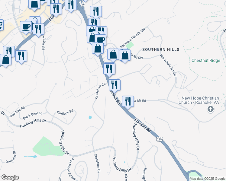 map of restaurants, bars, coffee shops, grocery stores, and more near 4350 Franklin Road Southwest in Roanoke