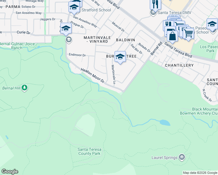 map of restaurants, bars, coffee shops, grocery stores, and more near 7027 Heaton Moor Drive in San Jose