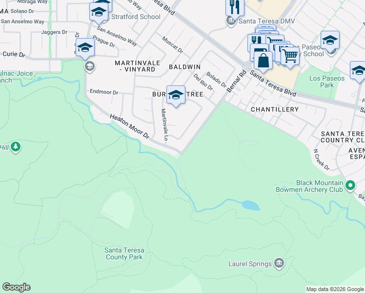 map of restaurants, bars, coffee shops, grocery stores, and more near 7098 Heaton Moor Drive in San Jose