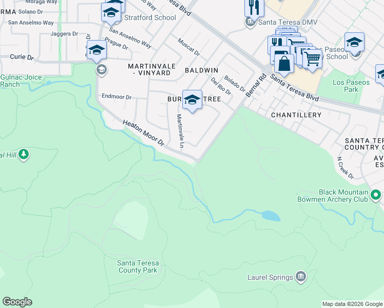 map of restaurants, bars, coffee shops, grocery stores, and more near 7079 Heaton Moor Drive in San Jose