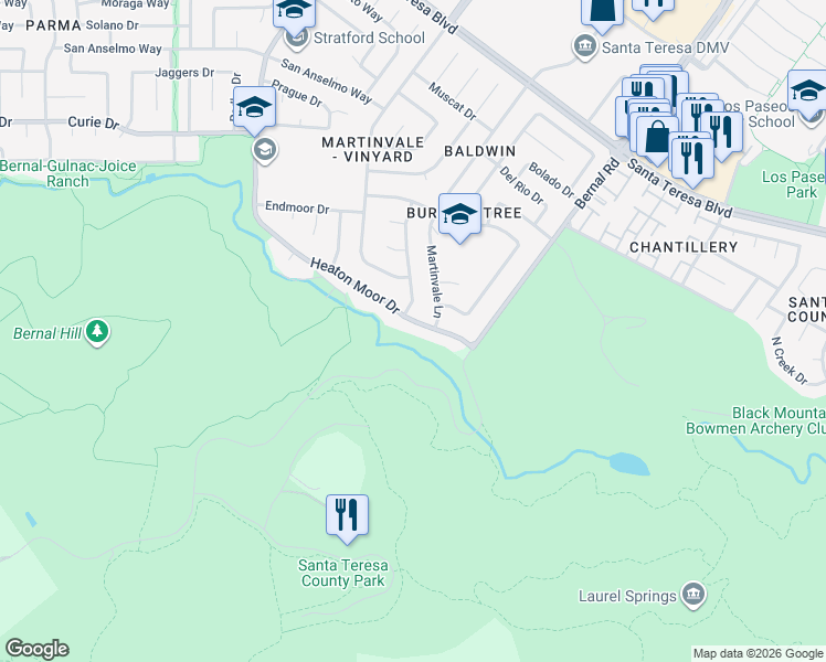 map of restaurants, bars, coffee shops, grocery stores, and more near 7027 Heaton Moor Drive in San Jose