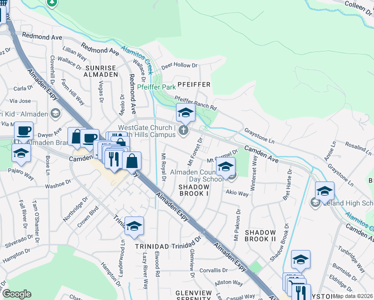 map of restaurants, bars, coffee shops, grocery stores, and more near 1026 Mount Carmel Drive in San Jose