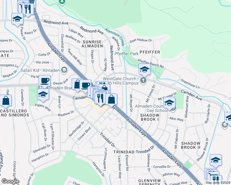 map of restaurants, bars, coffee shops, grocery stores, and more near 6467 Ramblewood Drive in San Jose
