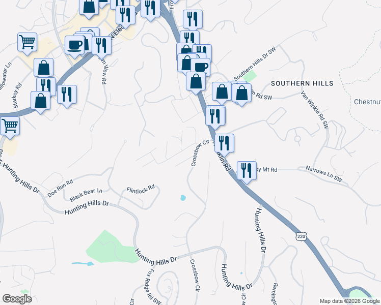 map of restaurants, bars, coffee shops, grocery stores, and more near 5216 Crossbow Circle in Cave Spring