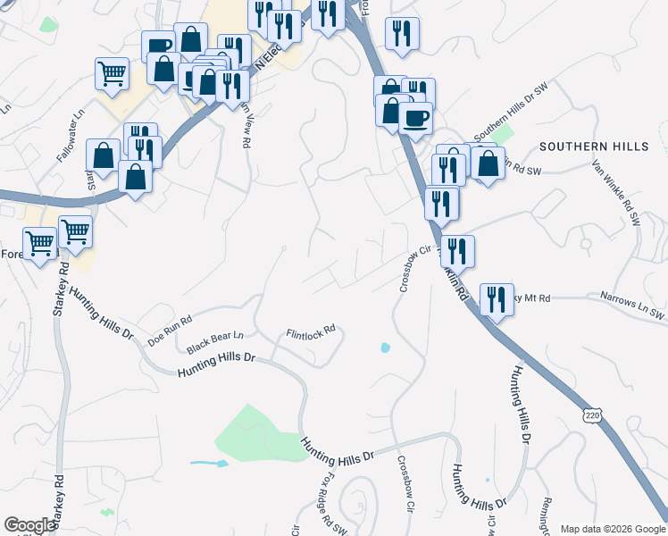 map of restaurants, bars, coffee shops, grocery stores, and more near 5260 Cross Bow Circle in Cave Spring