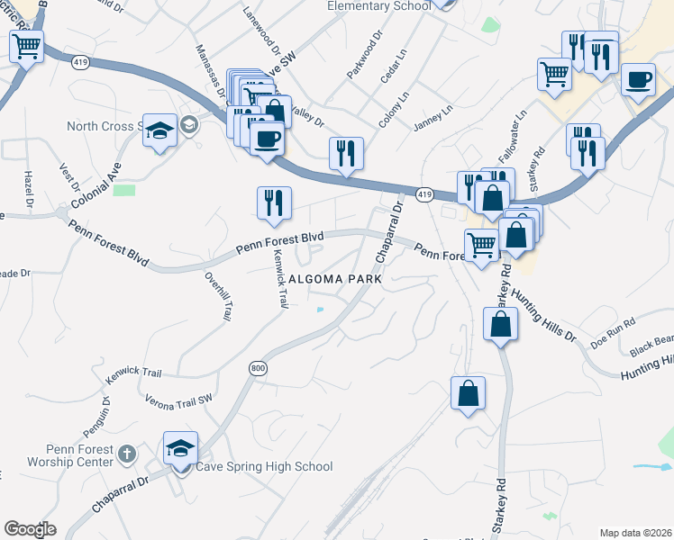map of restaurants, bars, coffee shops, grocery stores, and more near 3354 Pamlico Drive in Roanoke