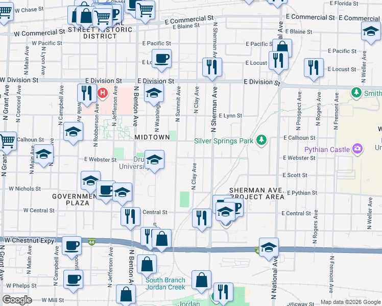 map of restaurants, bars, coffee shops, grocery stores, and more near 1209 North Clay Avenue in Springfield