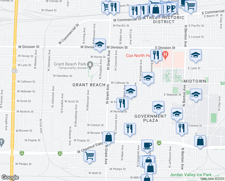 map of restaurants, bars, coffee shops, grocery stores, and more near 645 West Webster Street in Springfield