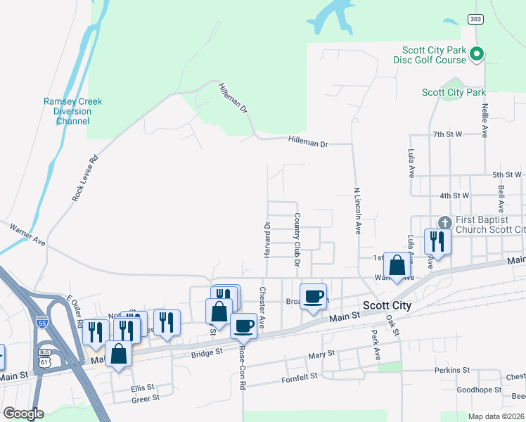 map of restaurants, bars, coffee shops, grocery stores, and more near 405 Harvard Drive in Scott City