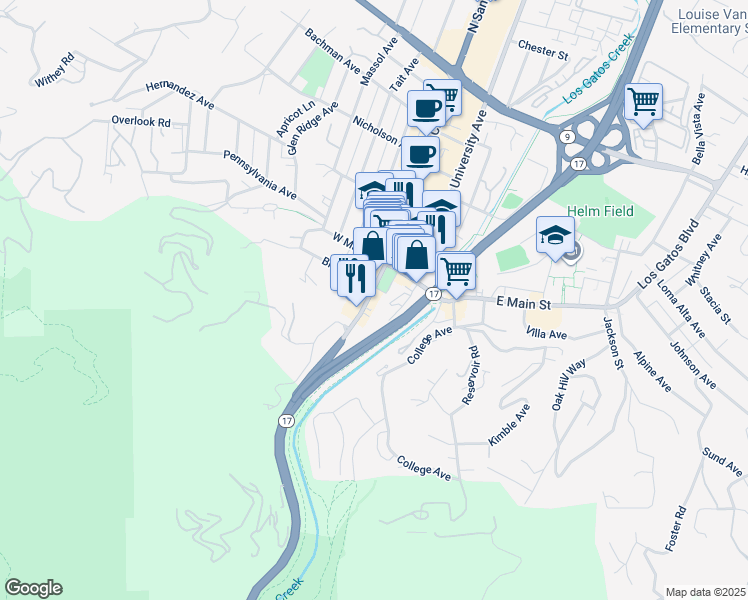 map of restaurants, bars, coffee shops, grocery stores, and more near 101 South Santa Cruz Avenue in Los Gatos