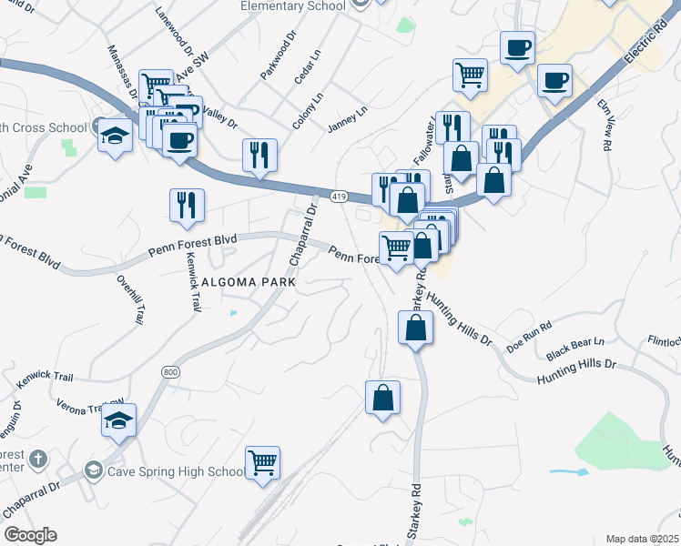 map of restaurants, bars, coffee shops, grocery stores, and more near 3418 Stonehenge Square in Cave Spring