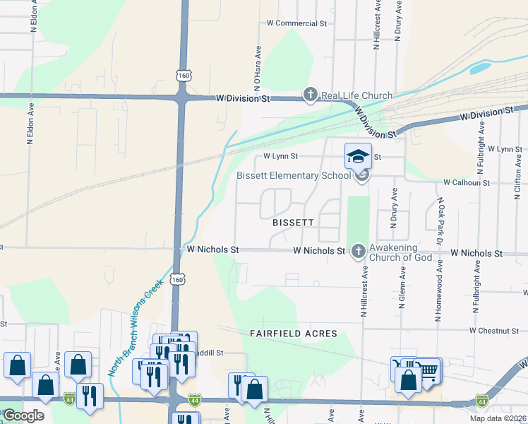 map of restaurants, bars, coffee shops, grocery stores, and more near 1111 North O'Hara Avenue in Springfield