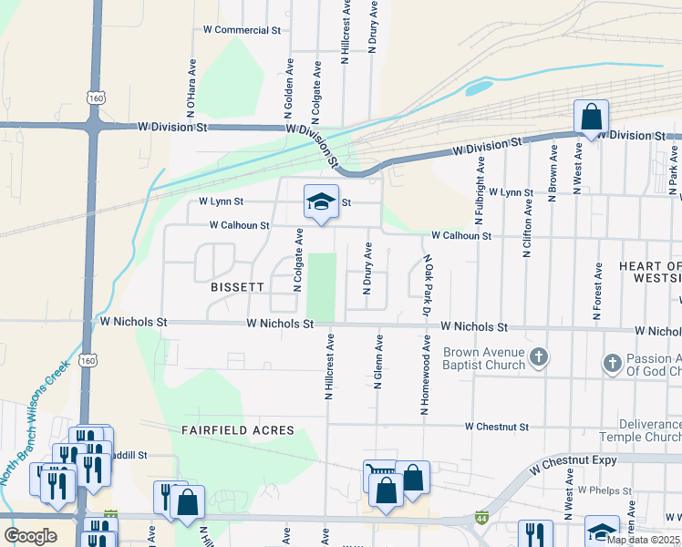 map of restaurants, bars, coffee shops, grocery stores, and more near 1138 North Hillcrest Avenue in Springfield