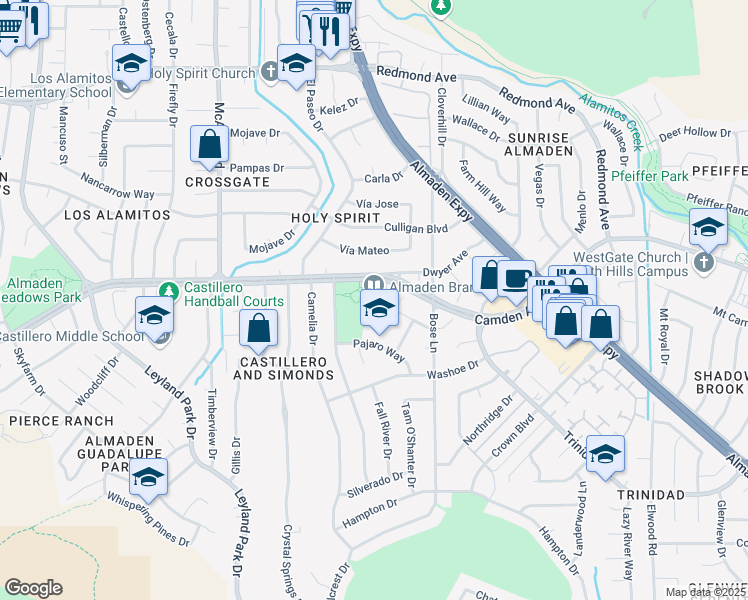 map of restaurants, bars, coffee shops, grocery stores, and more near 6445 Camden Avenue in San Jose