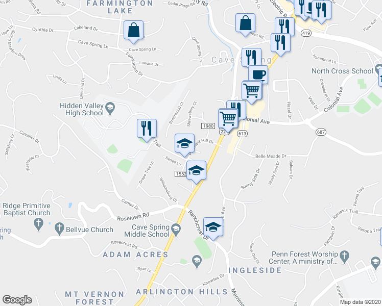 map of restaurants, bars, coffee shops, grocery stores, and more near Pleasant Hill Drive in Cave Spring