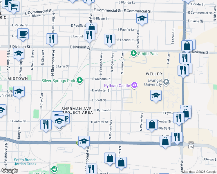 map of restaurants, bars, coffee shops, grocery stores, and more near 1317 East Webster Street in Springfield