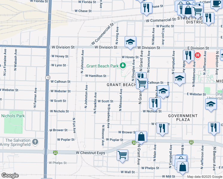 map of restaurants, bars, coffee shops, grocery stores, and more near 1131 North Broadway Avenue in Springfield