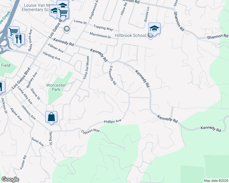 map of restaurants, bars, coffee shops, grocery stores, and more near 16484 South Kennedy Road in Los Gatos