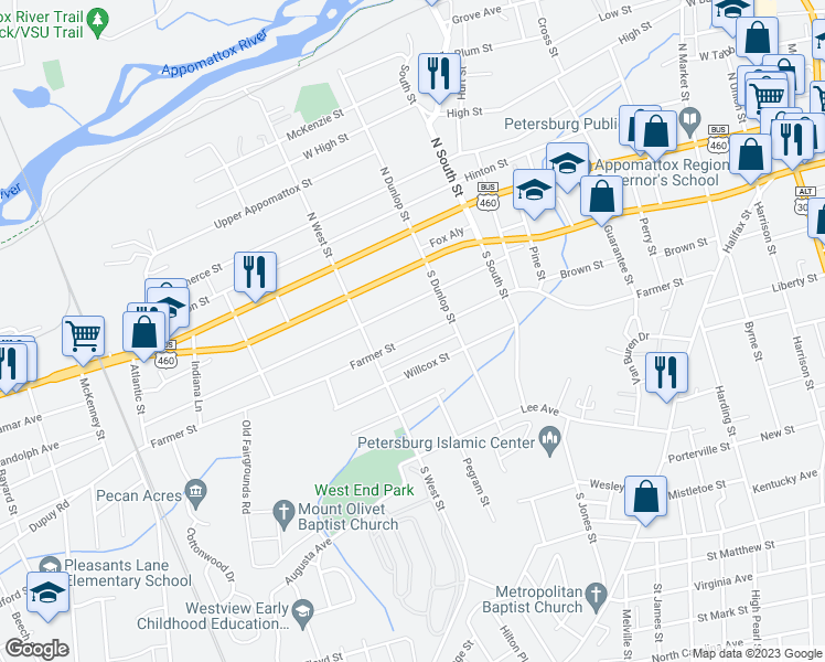 map of restaurants, bars, coffee shops, grocery stores, and more near 943 Farmer Street in Petersburg