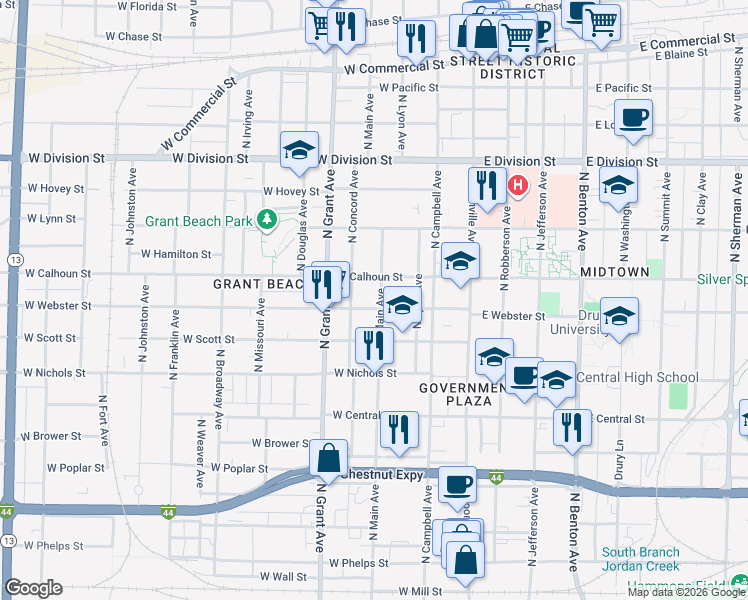 map of restaurants, bars, coffee shops, grocery stores, and more near 620 West Webster Street in Springfield