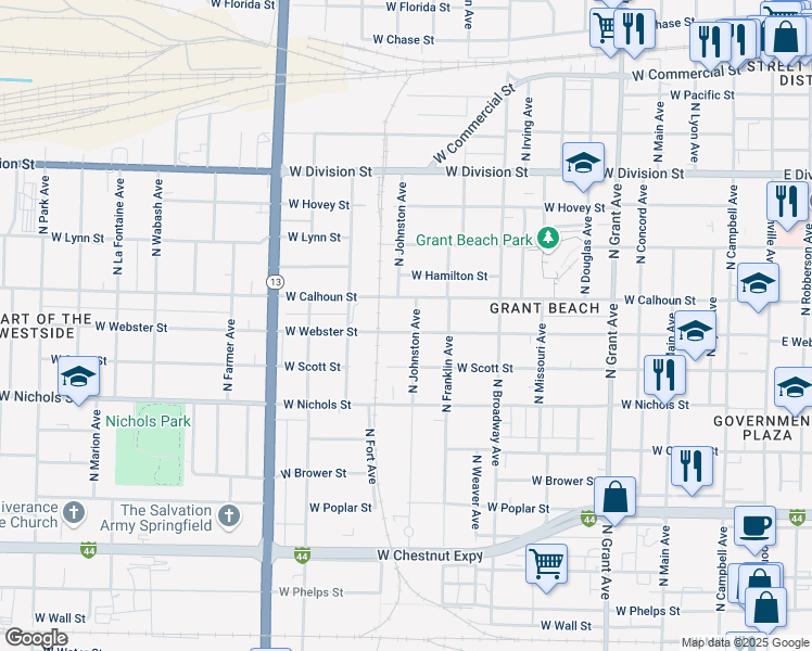 map of restaurants, bars, coffee shops, grocery stores, and more near 1207 West Webster Street in Springfield