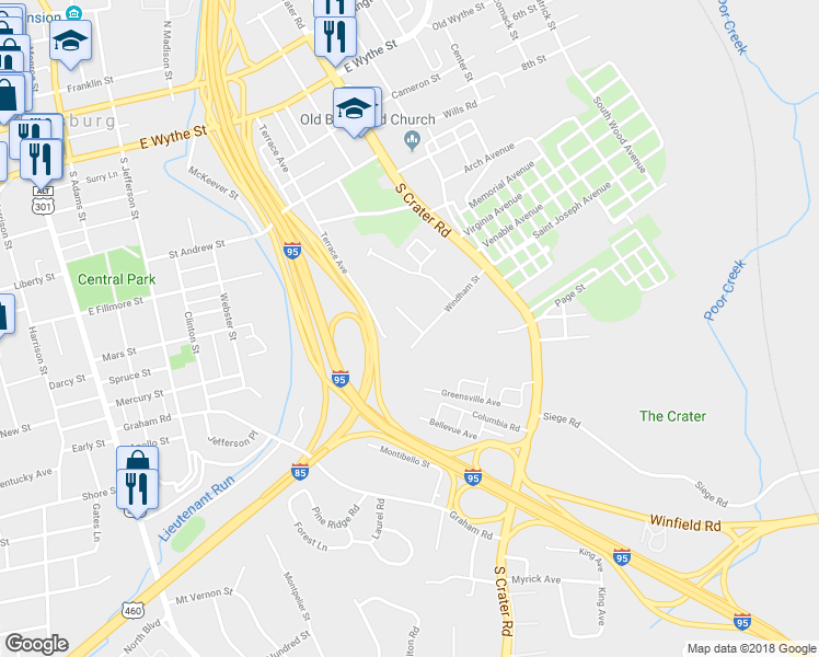 map of restaurants, bars, coffee shops, grocery stores, and more near 478 Reservoir Heights in Petersburg