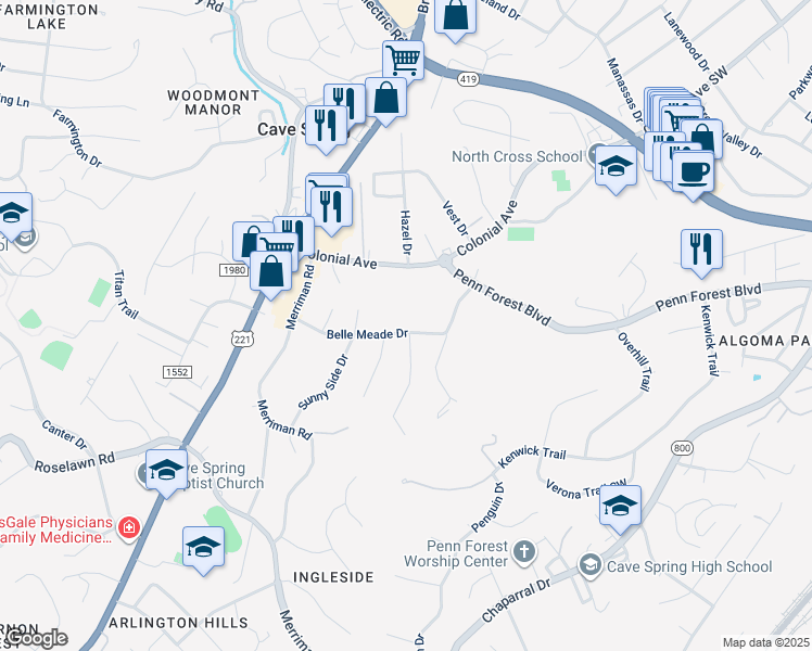 map of restaurants, bars, coffee shops, grocery stores, and more near 3903 Belle Meade Drive in Cave Spring