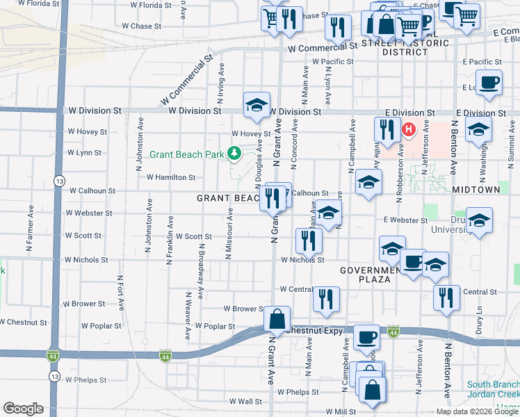 map of restaurants, bars, coffee shops, grocery stores, and more near 812 West Webster Street in Springfield