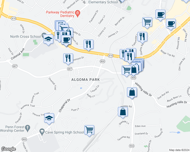 map of restaurants, bars, coffee shops, grocery stores, and more near 3235 Chaparral Drive in Cave Spring