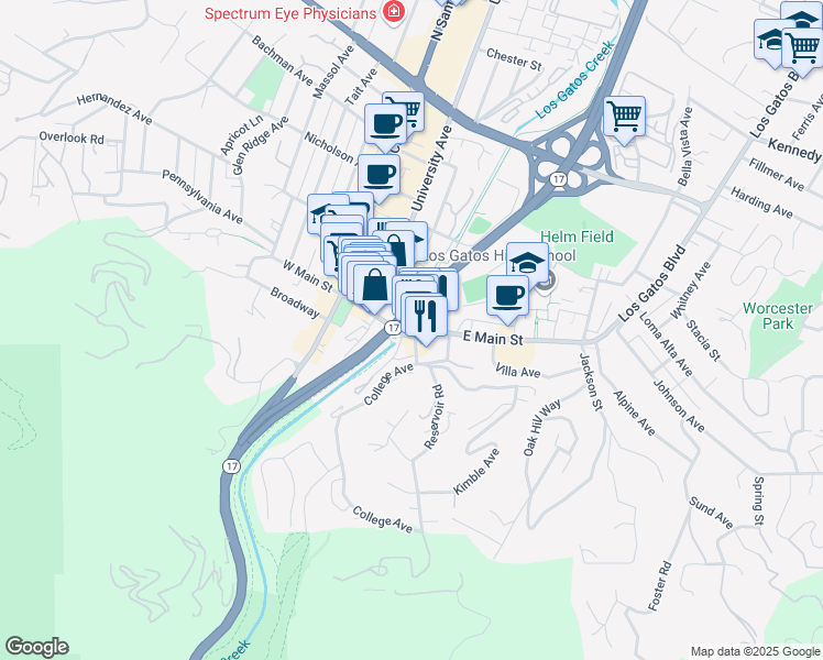 map of restaurants, bars, coffee shops, grocery stores, and more near 14 East Main Street in Los Gatos