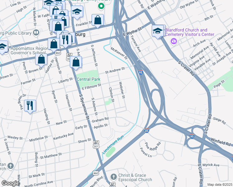 map of restaurants, bars, coffee shops, grocery stores, and more near 315 Mars Street in Petersburg