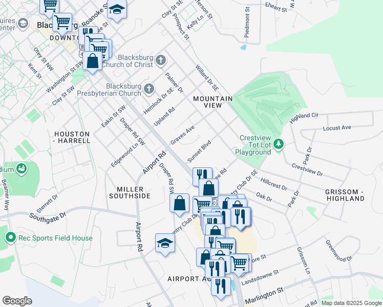 map of restaurants, bars, coffee shops, grocery stores, and more near 1001-1087 U.S. 460 Business in Blacksburg