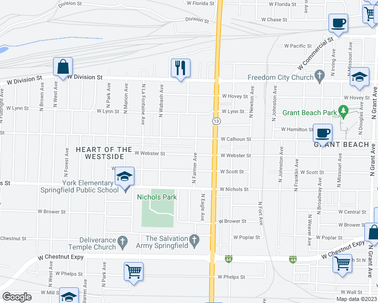 map of restaurants, bars, coffee shops, grocery stores, and more near 1711 West Webster Street in Springfield