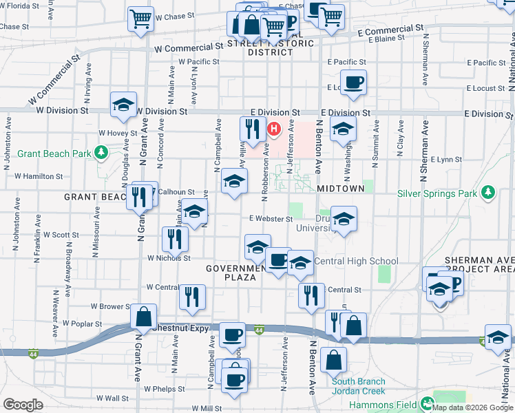 map of restaurants, bars, coffee shops, grocery stores, and more near 1201 North Robberson Avenue in Springfield