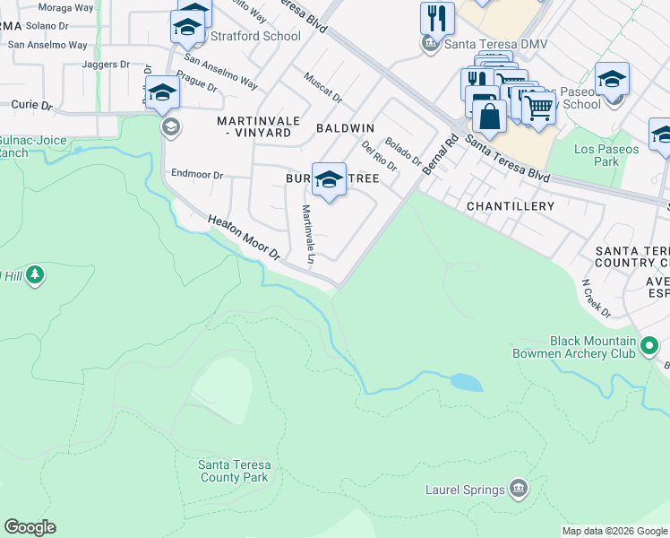 map of restaurants, bars, coffee shops, grocery stores, and more near 7079 Heaton Moor Drive in San Jose