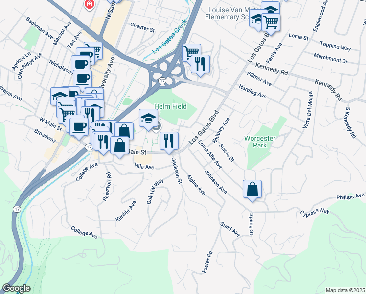 map of restaurants, bars, coffee shops, grocery stores, and more near 8 Los Gatos Boulevard in Los Gatos