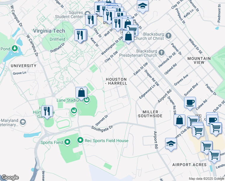 map of restaurants, bars, coffee shops, grocery stores, and more near 511 Warren Street in Blacksburg