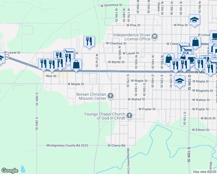 map of restaurants, bars, coffee shops, grocery stores, and more near 333-399 South 19th Street in Independence