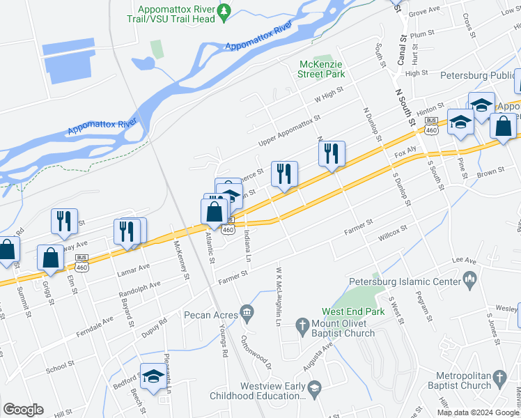map of restaurants, bars, coffee shops, grocery stores, and more near 1318 West Washington Street in Petersburg