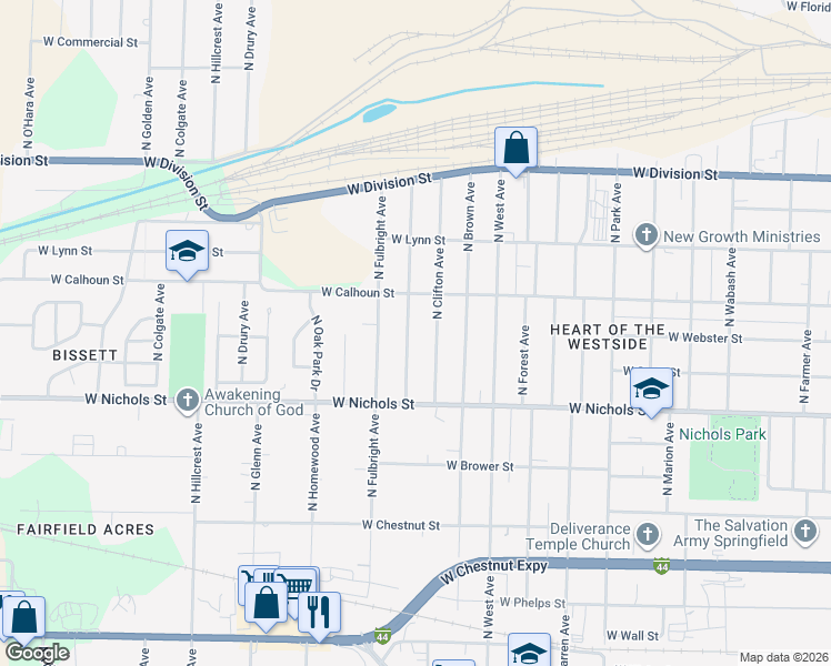 map of restaurants, bars, coffee shops, grocery stores, and more near 1108 North Ethyl Avenue in Springfield