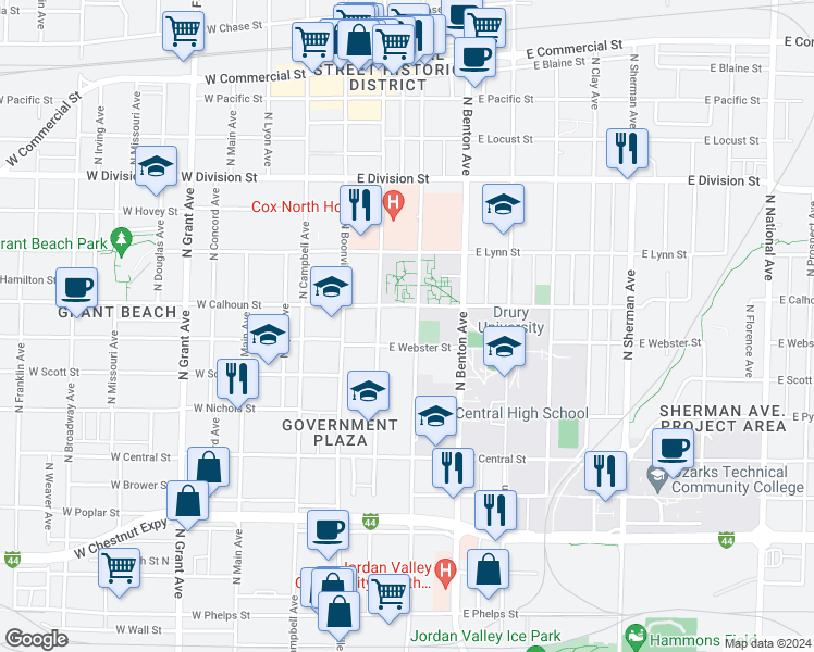 map of restaurants, bars, coffee shops, grocery stores, and more near 1221 North Jefferson Avenue in Springfield