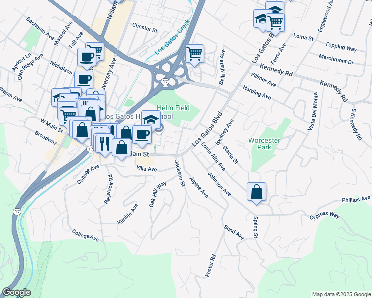 map of restaurants, bars, coffee shops, grocery stores, and more near 18 Terrace Court in Los Gatos