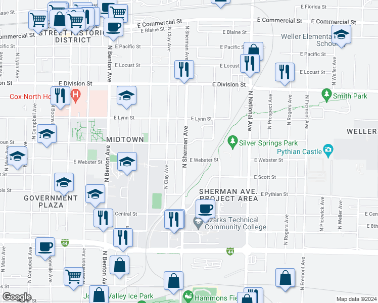 map of restaurants, bars, coffee shops, grocery stores, and more near 1218 North Sherman Avenue in Springfield