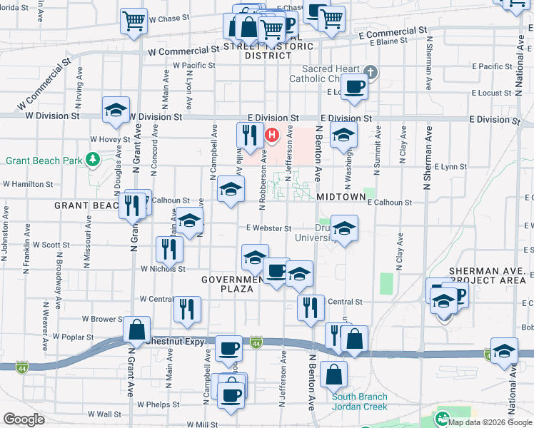 map of restaurants, bars, coffee shops, grocery stores, and more near 1201 North Robberson Avenue in Springfield